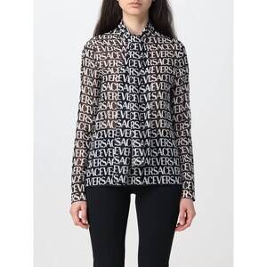 NEW VERSACE all-over logo bow strap silk blouse in black/white